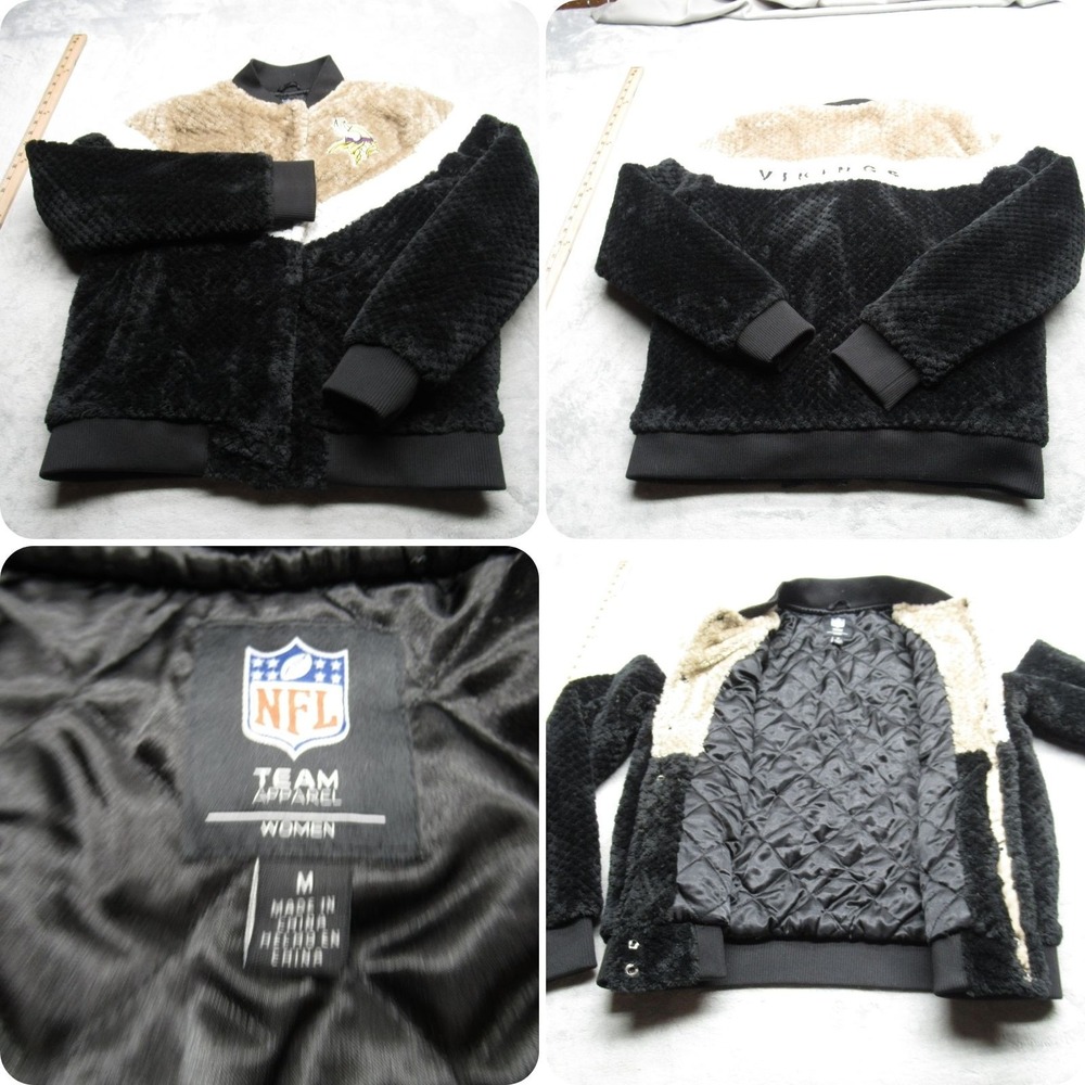 Minnesota Vikings Jacket Women Medium NFL Black Tan Football Fuzzy Soft Fleece